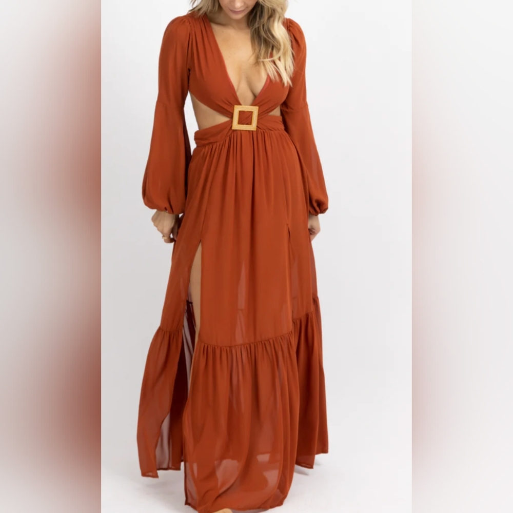 RUST SQUARE TRIM HIGH SLIT MAXI DRESS